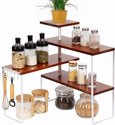 Kitchen Counter Shelf Organizer, 4-Tier Countertop Organizer with Hooks, Moveable Corner Shelf, Adjustable Organizer for Kitchen,Bathroom,Spice Rack,Coffee Area,Dresser Table in Saudi Arabia