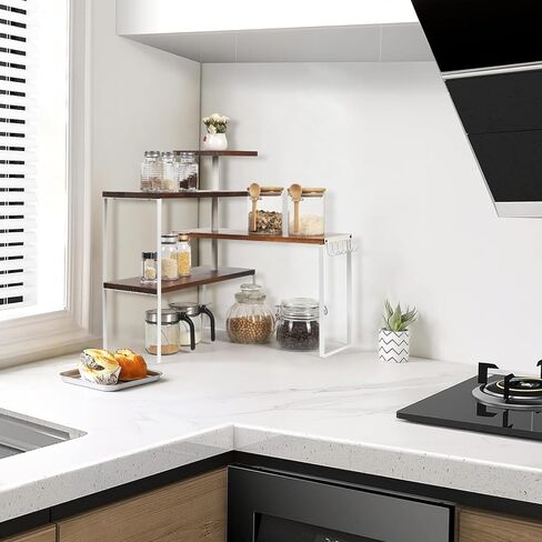 Kitchen Counter Shelf Organizer, 4-Tier Countertop Organizer with Hooks, Moveable Corner Shelf, Adjustable Organizer for Kitchen,Bathroom,Spice Rack,Coffee Area,Dresser Table in Saudi Arabia