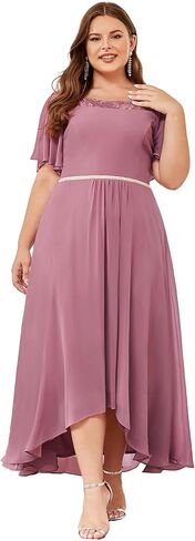 Ever-Pretty Plus Womens Plus Size Lace Illusion Ruffle Sleeves Irregular Hem A Line Chiffon Maxi Evening Dresses 00465-DA in Kuwait