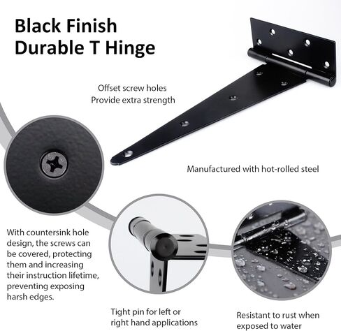 Black T-Strap Shed Door Hinges Heavy Duty, Barn Door Hinges with Screws, Tee Hinges for Wooden Fences, Yard, Patio Door, Wrought Hardware Iron Rustproof (4 Inch, 2 Pack/Set) in Saudi Arabia