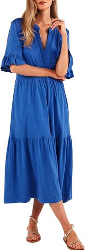 Short Sleeves Maxi Dress for Women A Line Summer Dress V Neck Casual Loose Tiered Long Dresses with Pockets in Saudi Arabia