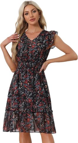 Allegra K Women's Floral Dress Flutter Sleeves 2023 V Neck Smocked Ruffle Dress in Kuwait