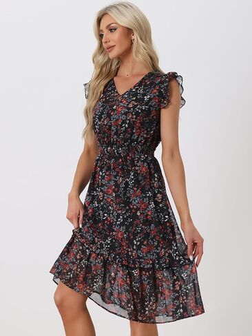 Allegra K Women's Floral Dress Flutter Sleeves 2023 V Neck Smocked Ruffle Dress in Kuwait