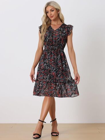 Allegra K Women's Floral Dress Flutter Sleeves 2023 V Neck Smocked Ruffle Dress in Kuwait