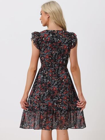 Allegra K Women's Floral Dress Flutter Sleeves 2023 V Neck Smocked Ruffle Dress in Kuwait