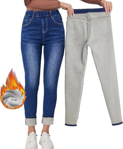 جينز شتوي نسائي من Yehopere بخصر عالٍ وسحب على الصوف السميك وخصر مطاطي in Kuwait