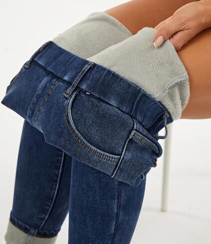 جينز شتوي نسائي من Yehopere بخصر عالٍ وسحب على الصوف السميك وخصر مطاطي in Kuwait