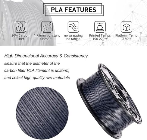 PLA Filament خيوط الطابعة ثلاثية الأبعاد من ألياف الكربون 1.75 مم 20% دقة أبعاد ألياف الكربون +/- 0.03 مم 1 كجم 2.2 رطل بكرة سوداء in Saudi Arabia
