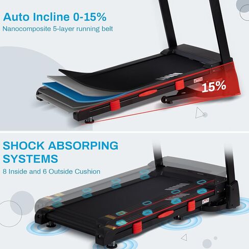 جهاز مشي مع ميل تلقائي، 18 بوصة جهاز مشي للمنزل، صغير الحجم، قابل للطي، سعة 350 رطل، ممتص للصدمات، 15% ميل تلقائي، 0.5-10 ميل في الساعة، 3 حصان، تطبيق بلوتوث للجري in Kuwait