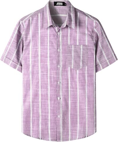 قمصان JOGAL الرجالية الكاجوال من القطن والكتان بأكمام قصيرة وأزرار سفلية مخططة للصيف والشاطئ in Kuwait