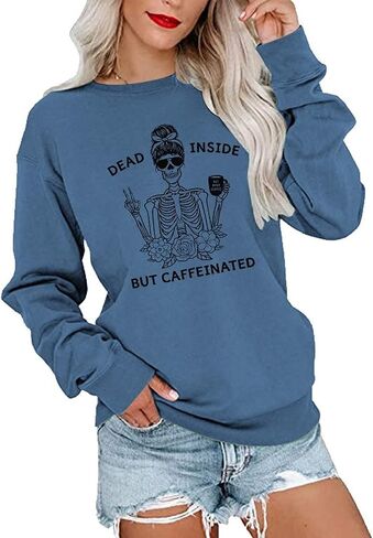 YourTops Women Dead Inside But Caffeinated سويت شيرت طويل الأكمام على شكل جمجمة in Kuwait