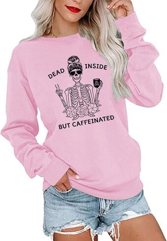 YourTops Women Dead Inside But Caffeinated سويت شيرت طويل الأكمام على شكل جمجمة in Kuwait