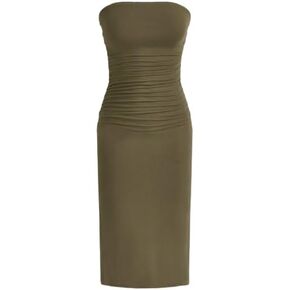 SOLY HUX Women's Split Thigh Tube Dress Ruched Strapless Slim Fit Midi Bodycon Dresses
