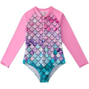 Girls One Piece Swimsuits Long Sleeve Rash Guard Zipper Front Bathing Suit