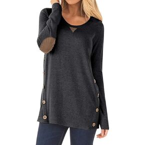 ZILIN Women's Faux Suede Elbow Patch T-Shirt Long Sleeve Letter Print Color Block Tunic Tops