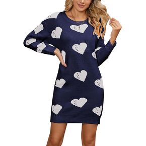 Alsol Lamesa Womens Cute Heart Printed Mini Dress Crew Neck Long Sleeve Ribbed Knit Valentines Sweaters Dress