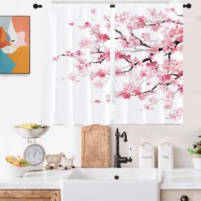 Pink Cherry Curtain 27.5" W x 39" L Sakura Floral Plum Blossom Flowers Japanese Asian Style Curtains Living Room Bedroom Window Drapes Treatment Fabric 1 Pair