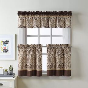 Palermo Vintage Gray Pinted Paisley 3pcs Kitchen Curtain Set,Farmhouse Taupe 42" W x 12" L Valance and 2pcs 21" W x 24" L Tiers
