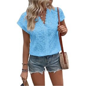 MakeMeChic Women's Eyelet Embroidered Lace Trim V Neck Short Sleeve Blouse Tops
