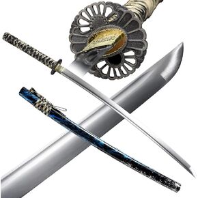 Handmade Full Tang Samurai Sword, 1060 Carbon Steel, Very Sharp, Real Katana Set (Blue)