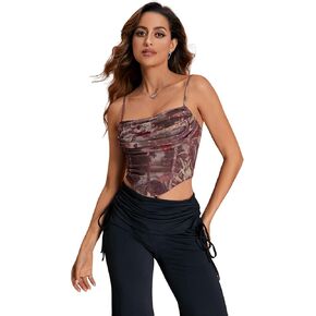 SOLY HUX Women's Graphic Figure Ruffled Bust Bustier Cami Top Sleeveless Slim Fit Y2K Corset Crop Tops