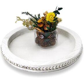 Wooden Tray for Home Decor, 12in White Wood Beaded Tray Decorative Round Tray for Coffee Table Decor, Living Room Decor, Kitchen Table Decor, Farmhouse Centerpiece Tray Ottoman Tray