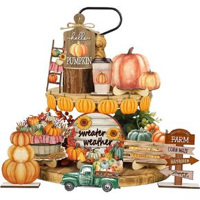 16 Pcs Fall Tiered Tray Decor Thanksgiving Pumpkin Truck Wood Sign Rustic Farmhouse Tray Decoration Autumn Pumpkin Wooden Tabletop Signs for Thanksgiving Harvest Home Kitchen Table Decorations
