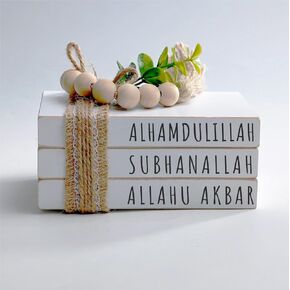 Islamic Wooden Book Stack, Alhamdulill Subhanallah Allahu Akbar, Farmhouse Eid Ramadan Tiered Tray Decor, White Stacked Books with Wood Bead Tassels