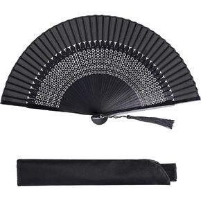 Small Folding Fan, Bamboo Silk Hand Fan with Tassel Chinese Japanese Vintage Black Handheld Fan with Fabric Sleeve for Home Decoration Dance Performance Wedding Church Party Gift