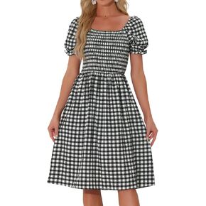 فستان Allegra K Gingham Smocked للنساء برقبة مربعة وفتحة جانبية وفساتين كاجوال منقوشة in Kuwait