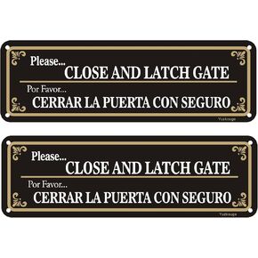 Please Close And Latch Gate Sign Bilingual English Spanish- 2 Pack, 10" x 3" Rust Free Aluminum Sign, Weatherproof, Fade Resistant, Easy Mounting.