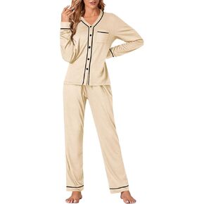 Umenlele Women's 2 Piece Long Sleeve Button Down Sleepwear Tops Wide Leg Pants Loungewear Pajama Pj Sets