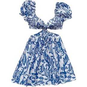 WDIRARA Women's Floral Short Sleeve Sweetheart Neck Cut Out Waist Ruffle Hem Dress