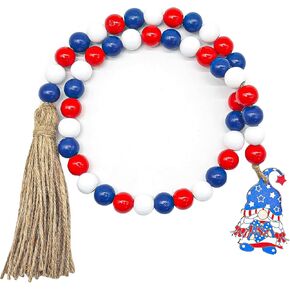 Independence Day Patriotic Decorations Wood Bead Garland,33inch 4th of July Patriotic Wooden Red White Blue Bead Hanging Garland with Rustic Tassel Pendant Memorial Day Decor for Farmhouse Wall Door