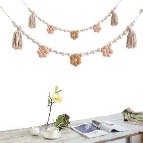2 Pcs Boho Tassel Garland with Wooden Beads, Daisy Wooden Tassel Garland Decor Pastel Tassel Garland for Farmhouse Wall Classroom Daisy Birthday Party Banner Baby Shower Decoration