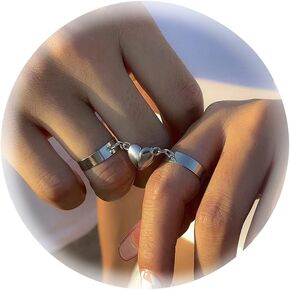 2 Pcs Matching Couple Rings for Women Men Matching Heart Rings for Boyfriend Girlfriend Open Adjustable Promise Band Rings Set Distance Relationship Rings for Him Her