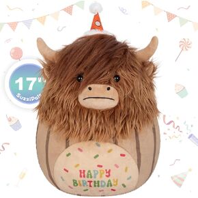 17 inch Happy Birthday Highland Cow Stuffed Animal Plush Pillow, Soft Cow Plushie Room Decor, Cute Birthday Gift