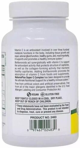 Natures Plus Super C Complex - 1000 mg Ascorbic Acid, 90 Vegetarian Capsules - High Potency Vitamin C Supplement, Antioxidant - Gluten-Free - 45 Servings in Saudi Arabia