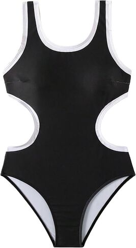 Floerns Girls One Piece Boho Contrast Trim Cut Out Waist Scoop Neck Swimsuit in Saudi Arabia