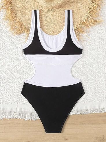 Floerns Girls One Piece Boho Contrast Trim Cut Out Waist Scoop Neck Swimsuit in Saudi Arabia