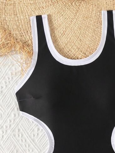 Floerns Girls One Piece Boho Contrast Trim Cut Out Waist Scoop Neck Swimsuit in Saudi Arabia