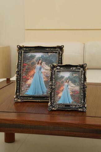 إطار صورة عتيق مقاس 5x7 - إطار عتيق أنيق مزخرف باللونين الأسود والذهبي مع واجهة زجاجية وسطح طاولة وشاشة عرض على الحائط (أسود، 5x7) in Kuwait