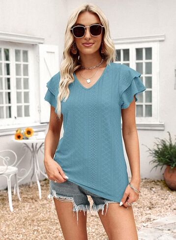 قمصان Kikula النسائية الصيفية بأكمام مكشكشة ورقبة على شكل حرف V وبلوزة كاجوال مجوفة in Kuwait