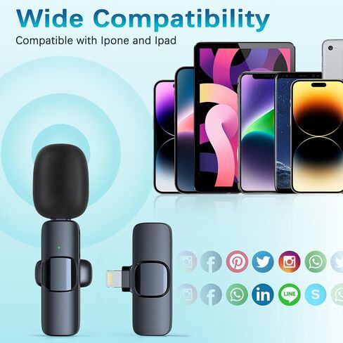 ميكروفون Lavalier لاسلكي لجهاز iPhone iPad، ميكروفون صغير مزود بمشبك على شكل طية صدر السترة لتسجيل فيديو iPhone، والمقابلات، والبث المباشر للألعاب، وPodcase، وYouTube، وVlog، وTikTok، وFacebook، قطعتان in Saudi Arabia