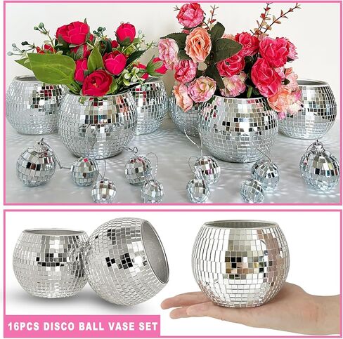 6 قطع 3x4 بوصة ديسكو الكرة زهرة المزهريات الزجاجية، 10 قطع كرات ديسكو مرآة، ديسكو الكرة الجدول ديكور حامل شمعة مزهرية زجاجية لقطع الزفاف الرئيسية حفلة عيد ميلاد الديكور in Kuwait