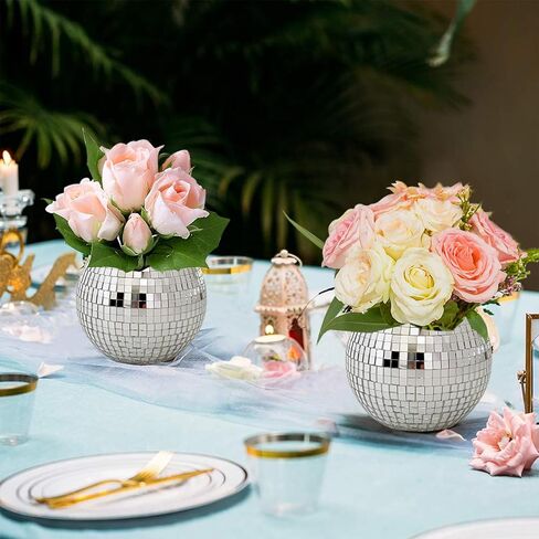 6 قطع 3x4 بوصة ديسكو الكرة زهرة المزهريات الزجاجية، 10 قطع كرات ديسكو مرآة، ديسكو الكرة الجدول ديكور حامل شمعة مزهرية زجاجية لقطع الزفاف الرئيسية حفلة عيد ميلاد الديكور in Kuwait