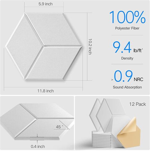 12 Pack Self-adhesive Acoustic Panels 12" X 10" X 0.4" - Sound Proof Foam Panels with High Density, Fashionable Y-Lined Design, Flame Resistant, Absorb Noise and Eliminate Echoes(White)-02 in Saudi Arabia