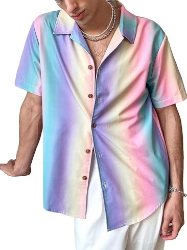 OYOANGLE Men's Colorblock Button Down Short Sleeve Lapel Collared Party Shirt Tops in Saudi Arabia