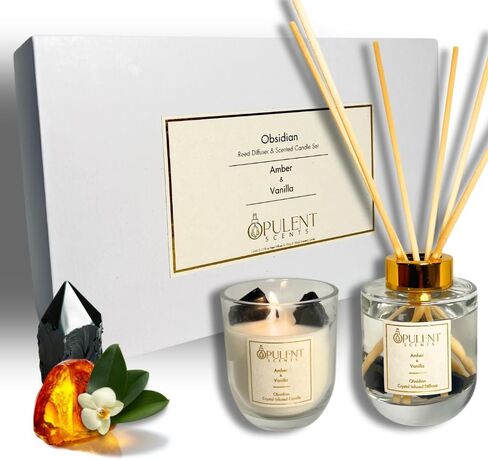 طقم شموع وناشر كريستال معطر مع حجر السج | رائحة العنبر والفانيليا من الروائح الفاخرة | شمع وزيت الصويا الطبيعي 100% | هدايا للشفاء والحماية المنزلية in Saudi Arabia