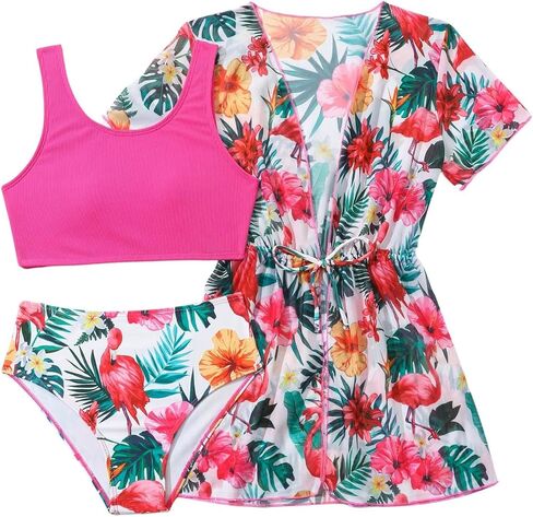 Milumia Girl's 3 Piece Swimsuits Tropical Print Tank Top Bathing Suits with Kimono Coverup in Saudi Arabia
